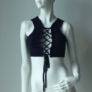 Silence + Noise Navy Lace Up Crop Top Sweater